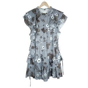 Pearl by Lela Rose Dress Medium Black White Gingham Floral Whimsical Romantic